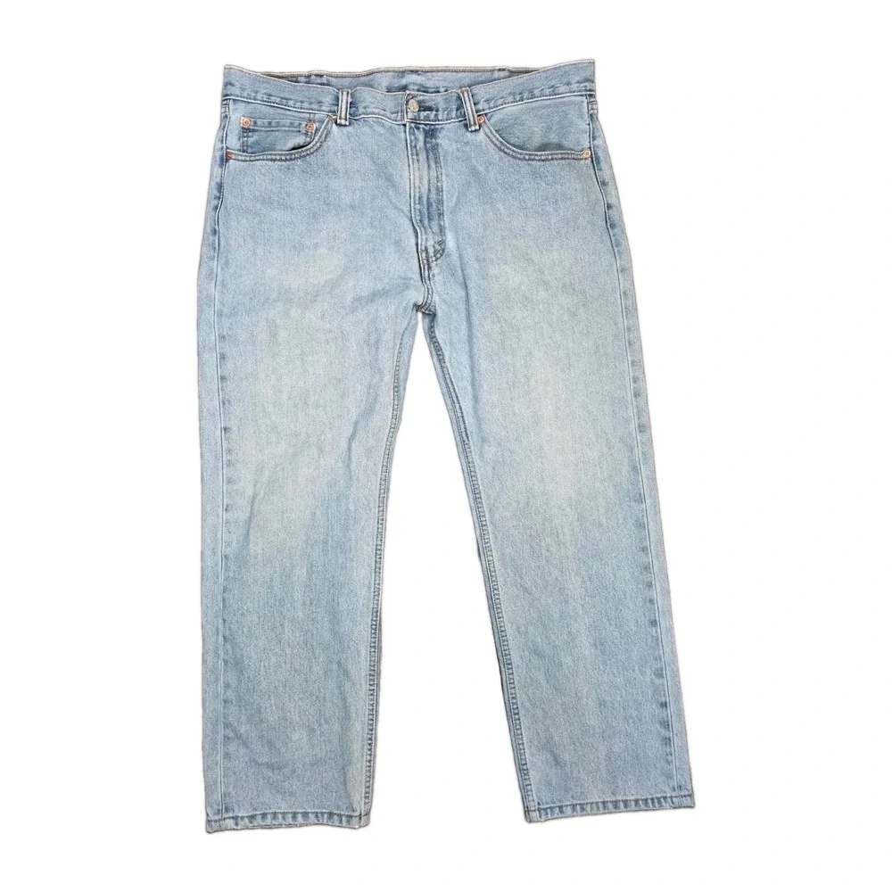 Levis 505 Jeans Mens 38x29 Blue Light Wash High Rise Missing Leather Patch